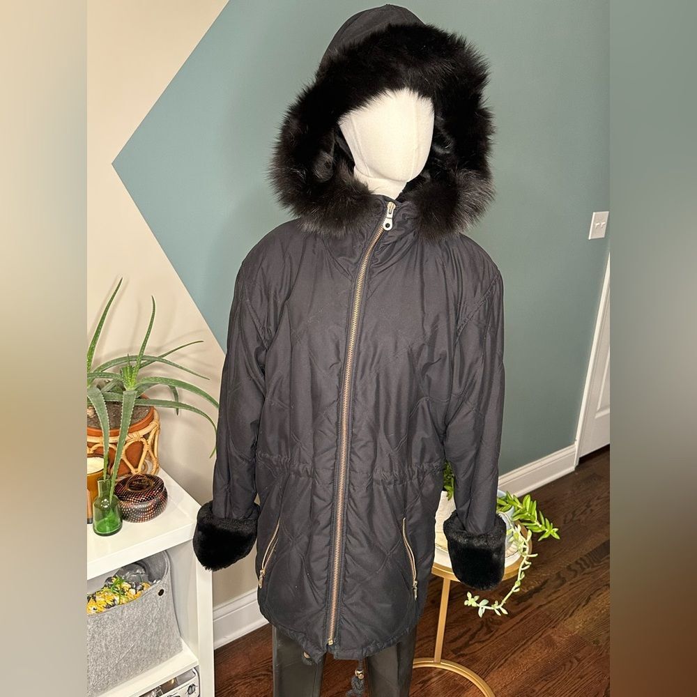 Andrew Marc New York Black Parka Coat Fox Fur Trim Thermolite Insulated  XS
